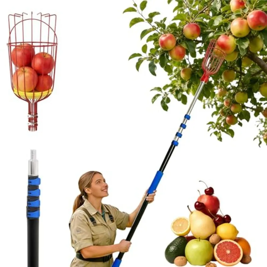 

18FT Reach Fruit Picker Pole with Basket Telescoping, 3-12FT Extendable Aluminum Apple Picker for Picking Avocados, Figs, Mango