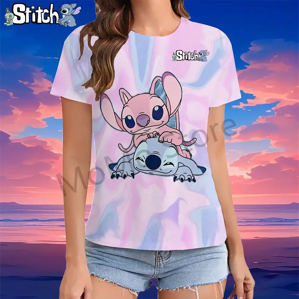 

Disney Stitch Kawaii Girls T-shirt Women's Casual Young women's clothing Summer Short Sleeve Top Y2k Family Street T-shirt