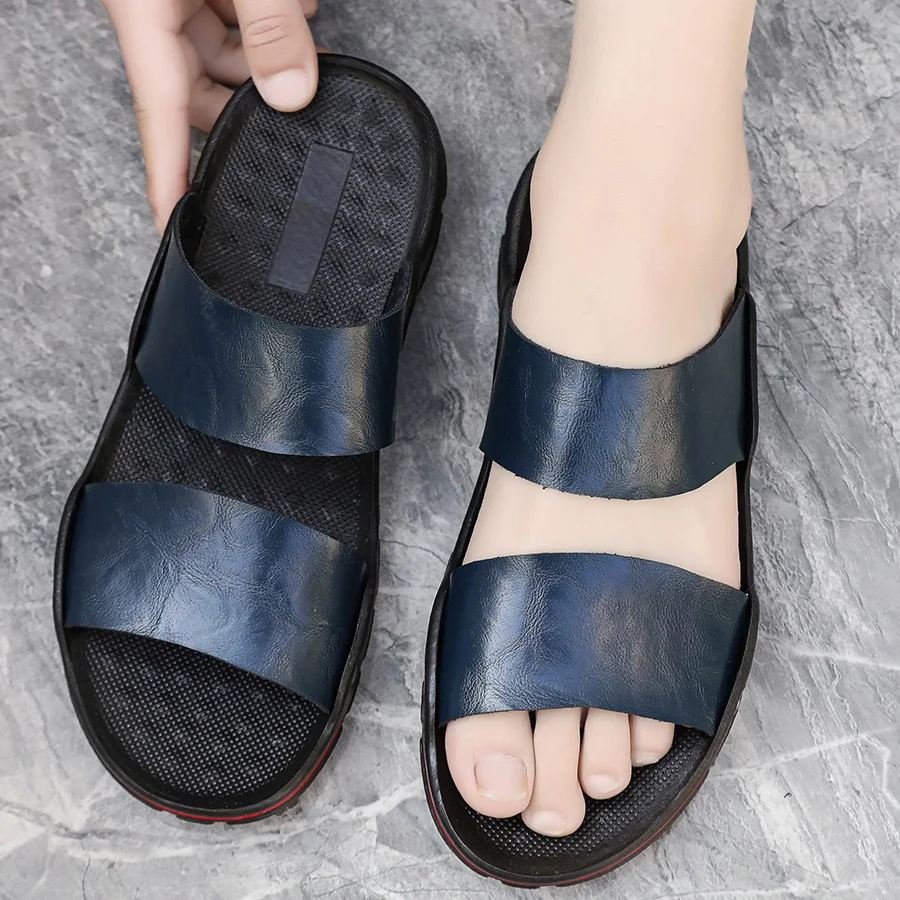 Summer Fashion Comfortable Men\'s Sandals New Slippers Beach for Male Leather Footwear Solid Color Open Toe Mens Leather Sandals