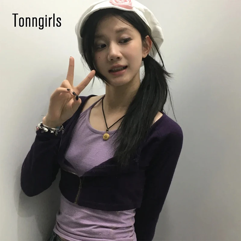 

Tonngirls Y2k Aesthetic Two Pieces Tops Women Japanese 2000s Print Cardigan+striped Halter Tops American Retro Grunge Tops Tee