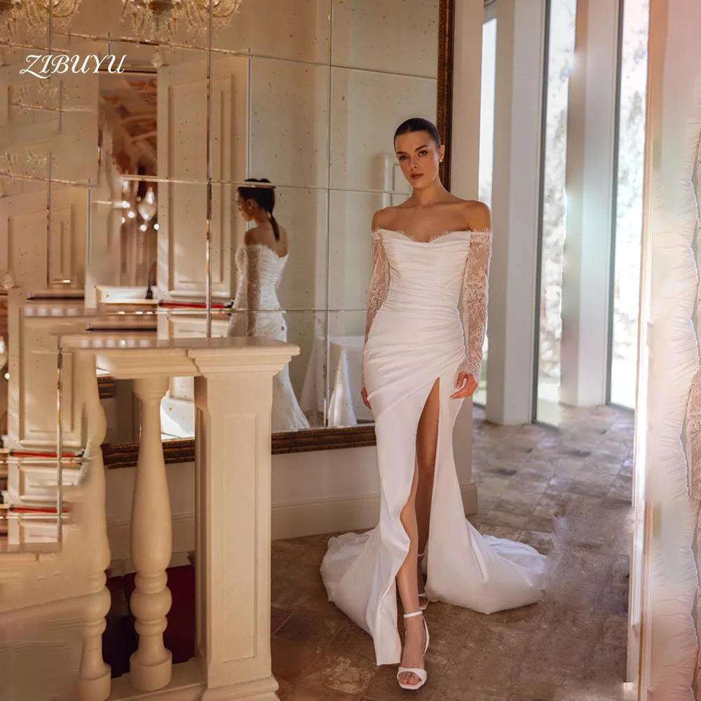 

ZIBUYU Customized Elegant Wedding Dress Off Shoulder Sweetheart Ruched Satin Mermaid Detachable Lace Long Sleeves Bridal Gowns