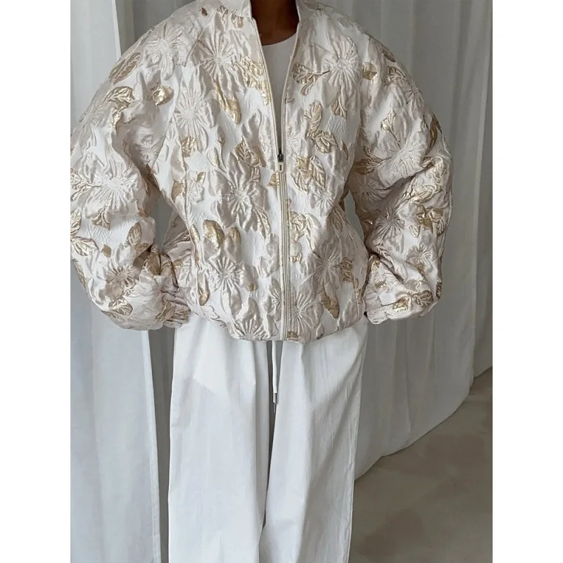 New Autumn Women Bright Gold Jacquard Jacket Coat Long Sleeve Stand Collar Female Casual Loose Outerwear Chic Lady Wrap Outfits