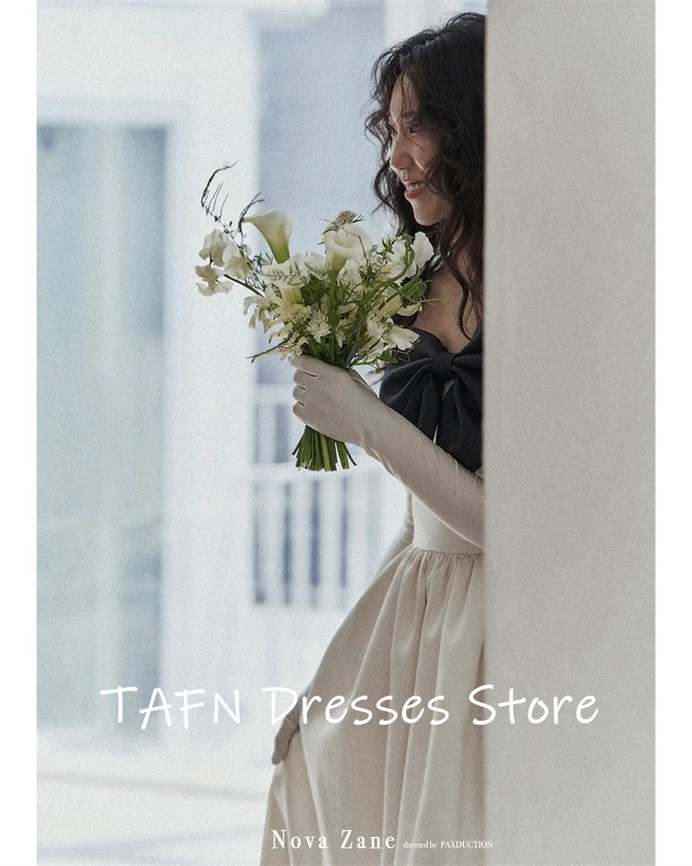 TAFN Contrast Color Wedding Reception Dresses Korea Off the Shoulder Bow Photo Shoot Bridal Gown A-line Evening Dresses