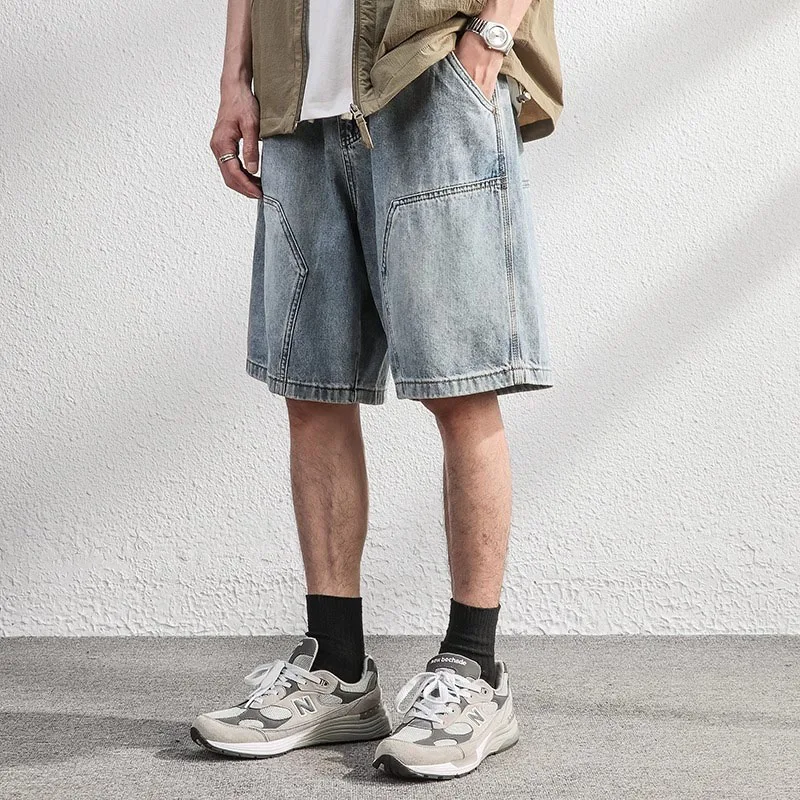 

Summer Men American Vintage Nostalgic Blue Denim Short Pants Male Streetwear Loose Straight Leg Jeans High Quality Casual Shorts