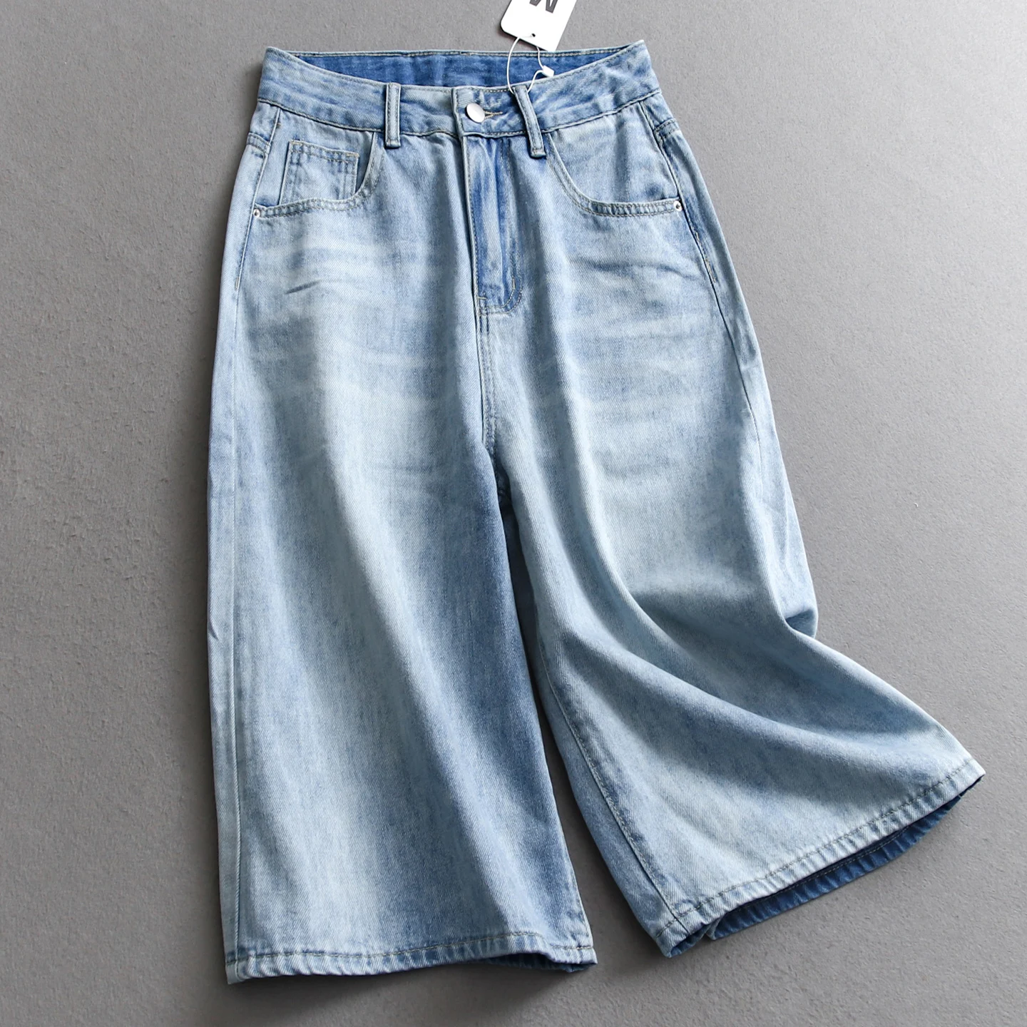 라이트 블루 워터 워시 데님 바지 여성 여름 패션 하이 웨이스트 루즈 크롭 바지 다목적 여성 와이드 레그 청바지
