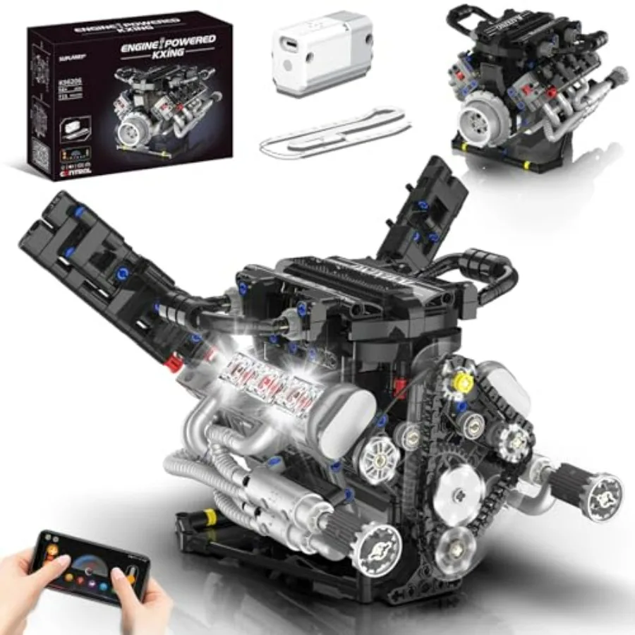 

V8 Engine Model Kit with LED Light and Motor 715 PCS Building Blocks Set for Adults and STEM Engineering Toy in Black and Silve