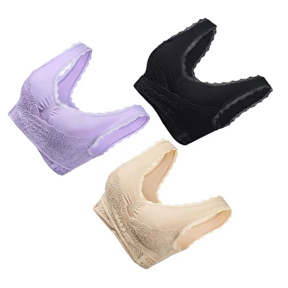 3Pcs Sports Bra No Steel Ring Comfortable Bra for Women Front Buckle Sexy Underwear Purple Black Flesh 2Xl Size
