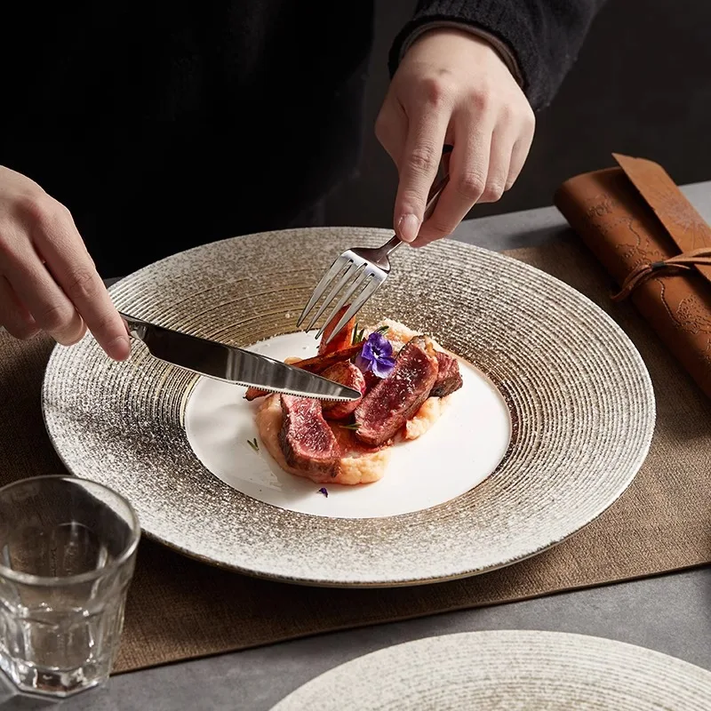 HYS Threaded Plate Restaurant Steak Plate Creative Western Food Pasta Plate Ceramic Dessert  Sushi Snack Japanese