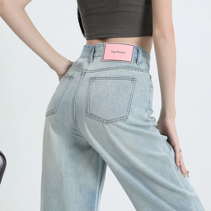 

Jeans straight pants female online celebrity new design pink leather brand high waist loose slim casual wide leg mop pants.