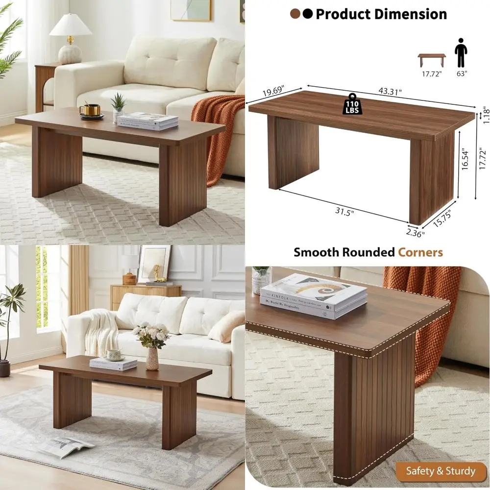 

Mid Century Modern 43 Inch Wooden Coffee Table with Fluted Legs and Rounded Corn for Living Room, Sturdy and Elegant Design