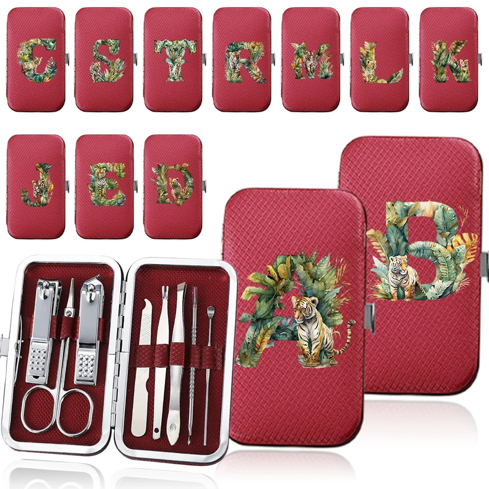 

8Pcs Manicure Set Pedicure Nail Clippers Tools Stainless Steel Professional Nail Scissors Case Kit Jungle Tiger Letter Pattern