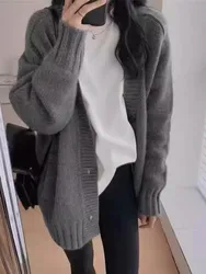 Autumn and winter thick cashmere cardigan women loose and lazy V-neck mid-length sweater coat knitwear fashion