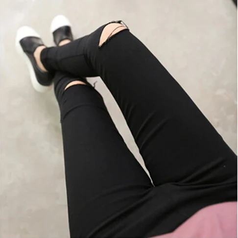 High Waist Hole Design Summer Thin Elastic Slimming Women's Base Layer Pants Nine Points Jeans Black Pants Casual Fashion