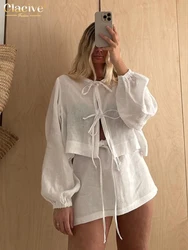 Clacive Casual Loose White Cotton 2 Piece Sets Women Outfit 2024 Elegant Long Sleeve Shirt With High Waist Mini Skirt Set Female