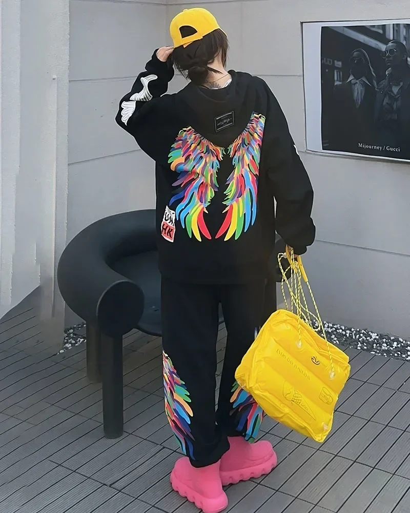 Fashion Wings Print Sweatshirt and Sweatpants Two-piece Set Women Outfits 2024 Spring Autumn Casual Oversized Sports Suit