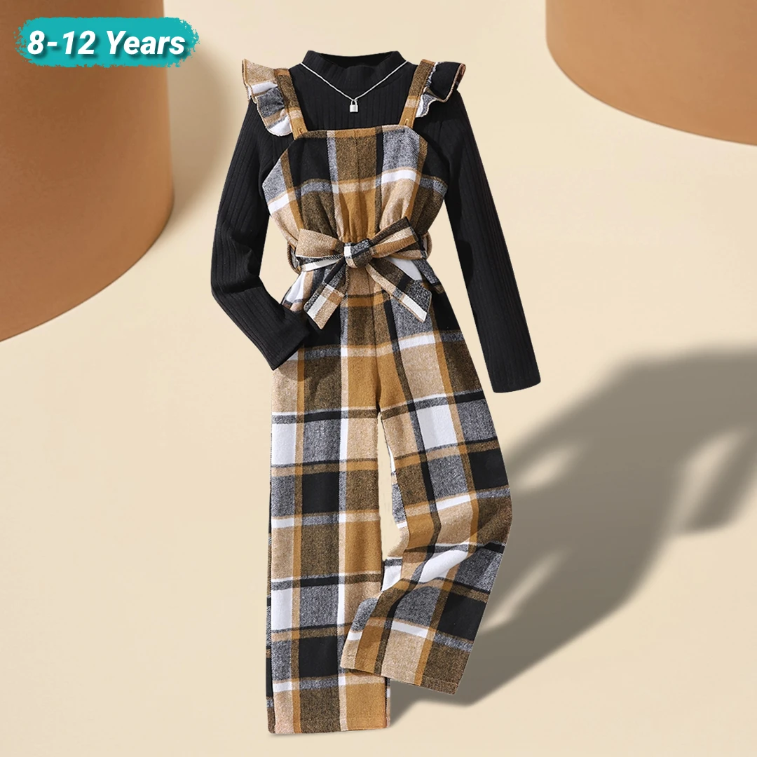 

New Girls Clothing Set Autumn Winter Long Sleeve Solid T-shirt Checkered Jumpsuit Belt Soft Children Outfits Girls Suit 8-12yrs
