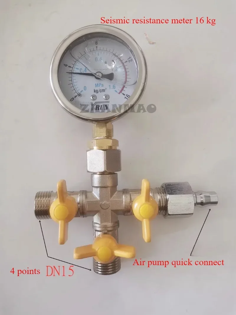 Four Way Pressure Test Valve, Tap Water, Geothermal and Underfloor Heating Pressure Gauge, Leak Detector with 4 Points