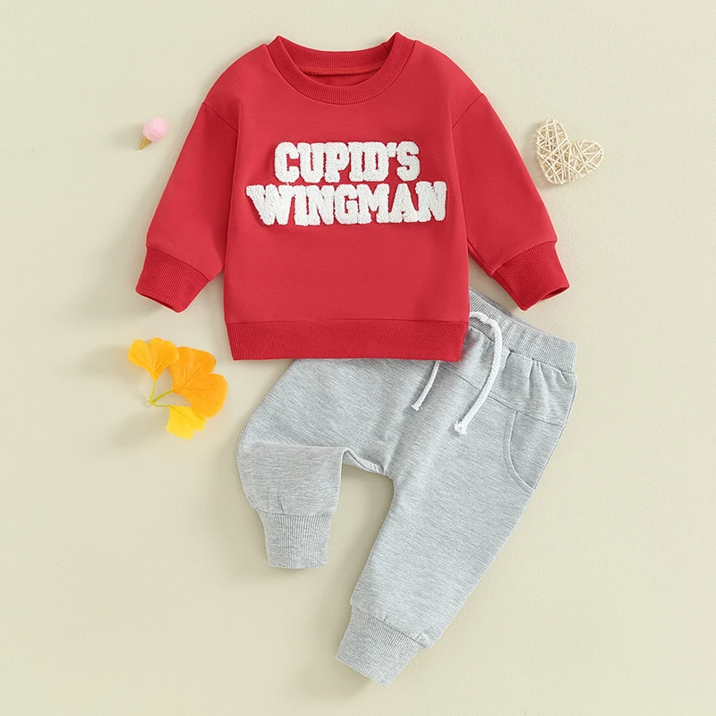 

2023-10-04 Lioraitiin Baby Boys Valentine’s Day Clothes Set Long Sleeve Embroidery Letters Sweatshirt with Solid Pants Outfit