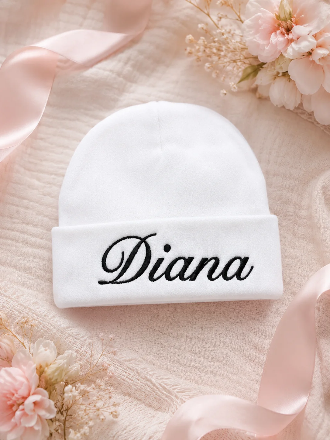 Custom Name Embroidered Baby Beanie Soft Combed Cotton Newborn Girl Hat Minimalist White Photo Prop Gift For Infant