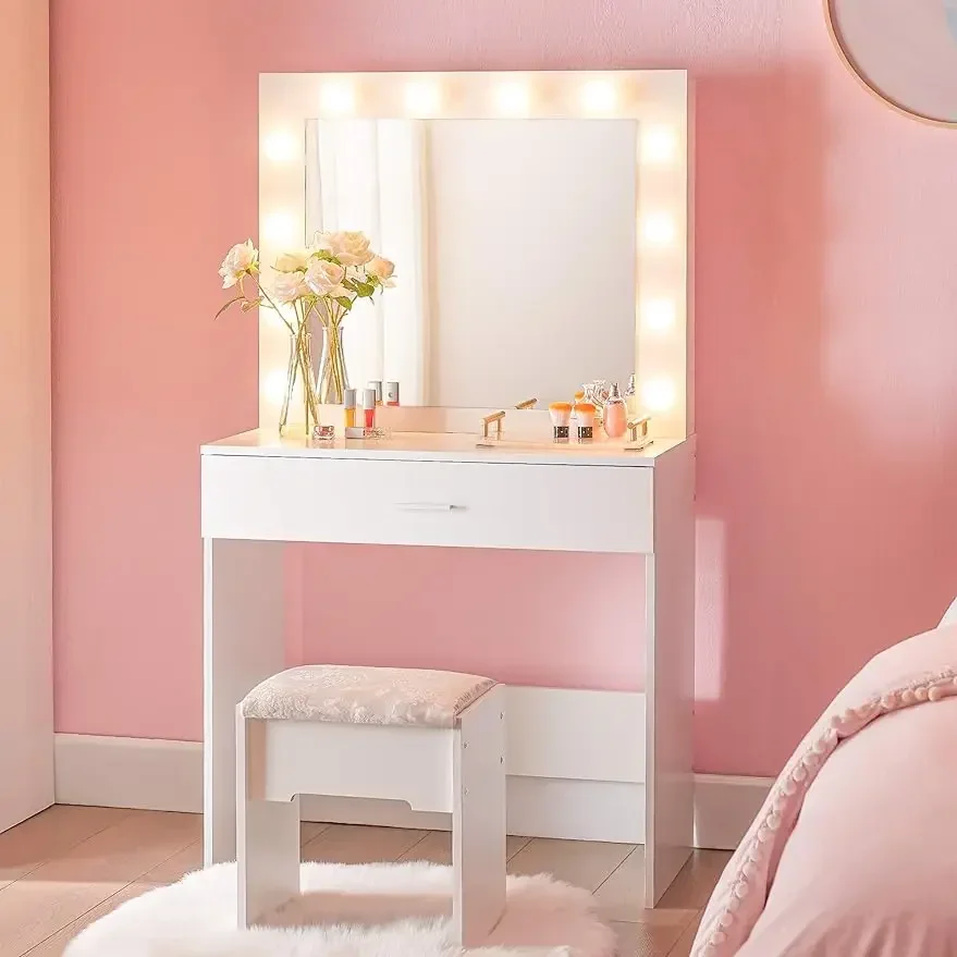 

Vanity Set with Lighted Mirror,Makeup Vanity Dressing Table with Large Drawer for Bedroom,Vanity Desk with 3Color Lighting Modes