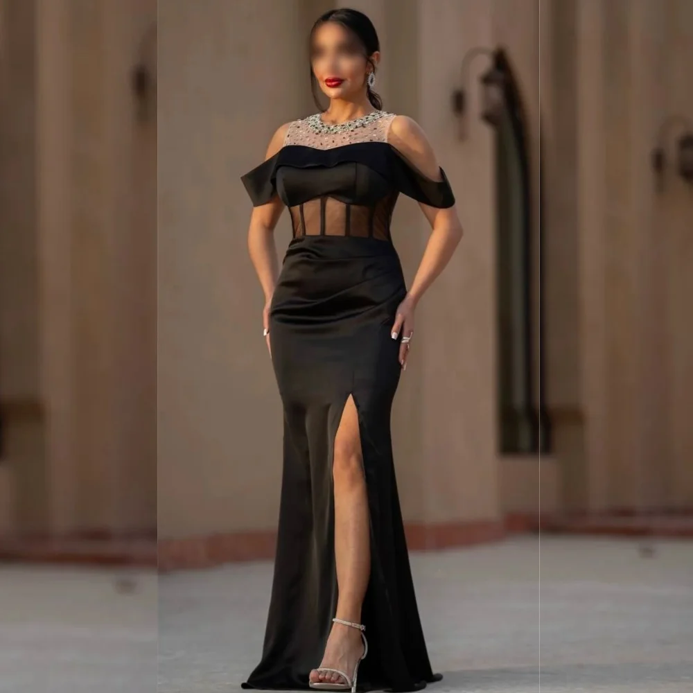 

Customized Glitter Pleat High Quality Women Evening Dress Bespoke Occasion O-Neck Black Mermaid Long Dresses Exquisite Formal