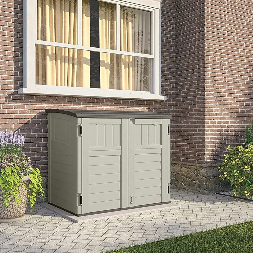 34 Cu Ft Capacity Horizontal Outdoor Storage Shed for Garbage Cans, Garden Accessories, Backyard, and Patio Use, Vanilla