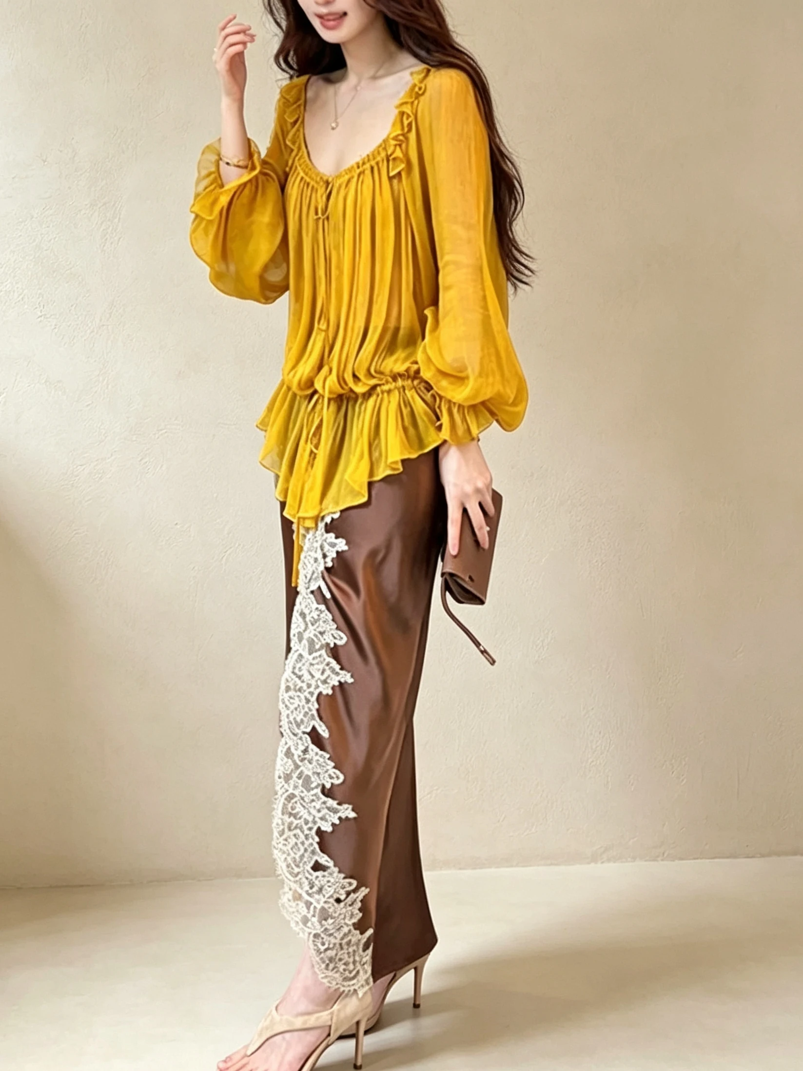 Lace Splicing Design Adjustable Length Open Split Gentle Mid-Length Women's Skirt Commute Style High Waist A-Line Skirt