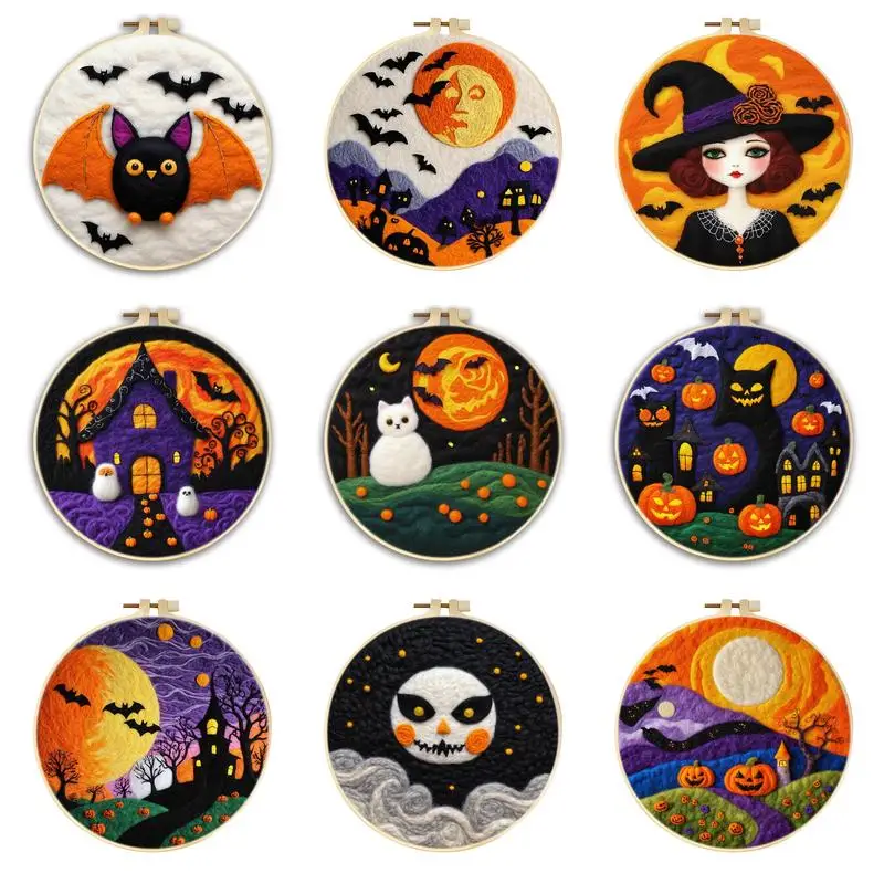 初心者のための針フェルティングキット、完全なウールクラフトセット、ハロウィーンのパターン、家の装飾のためのDIY絵画、20x20cm、1パック