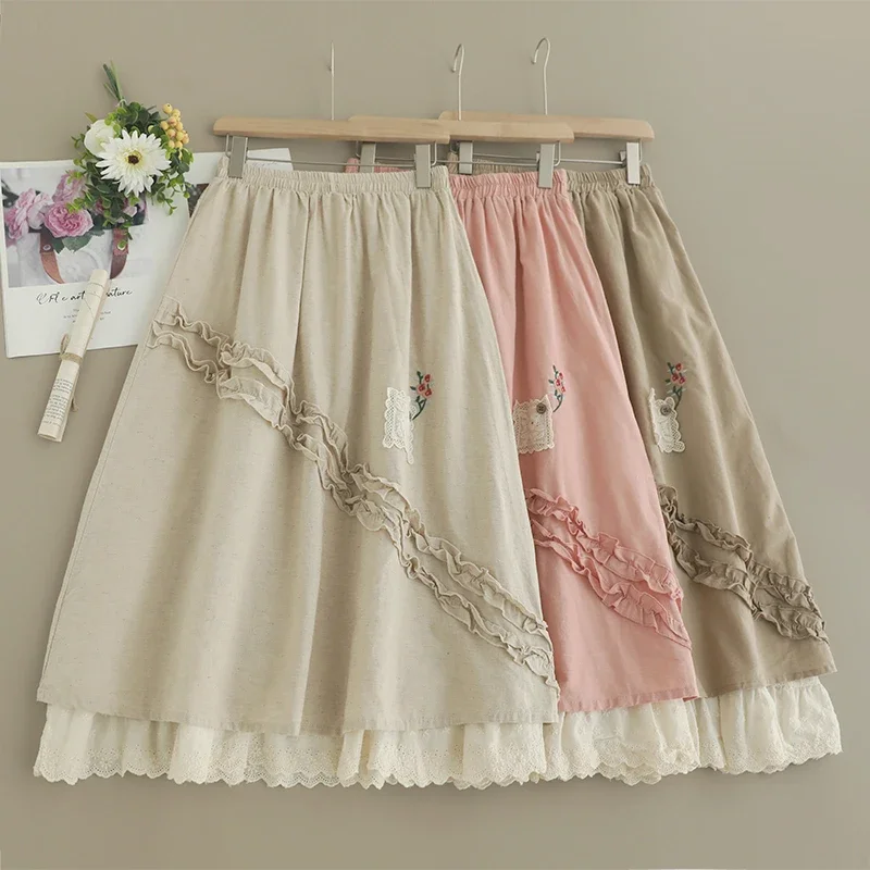 

Summer Sweet Mori Girl Japan Style Floral Embroidered Cotton Linen Skirt Women Double Layer Elastic Waist Casual Loose Skirts