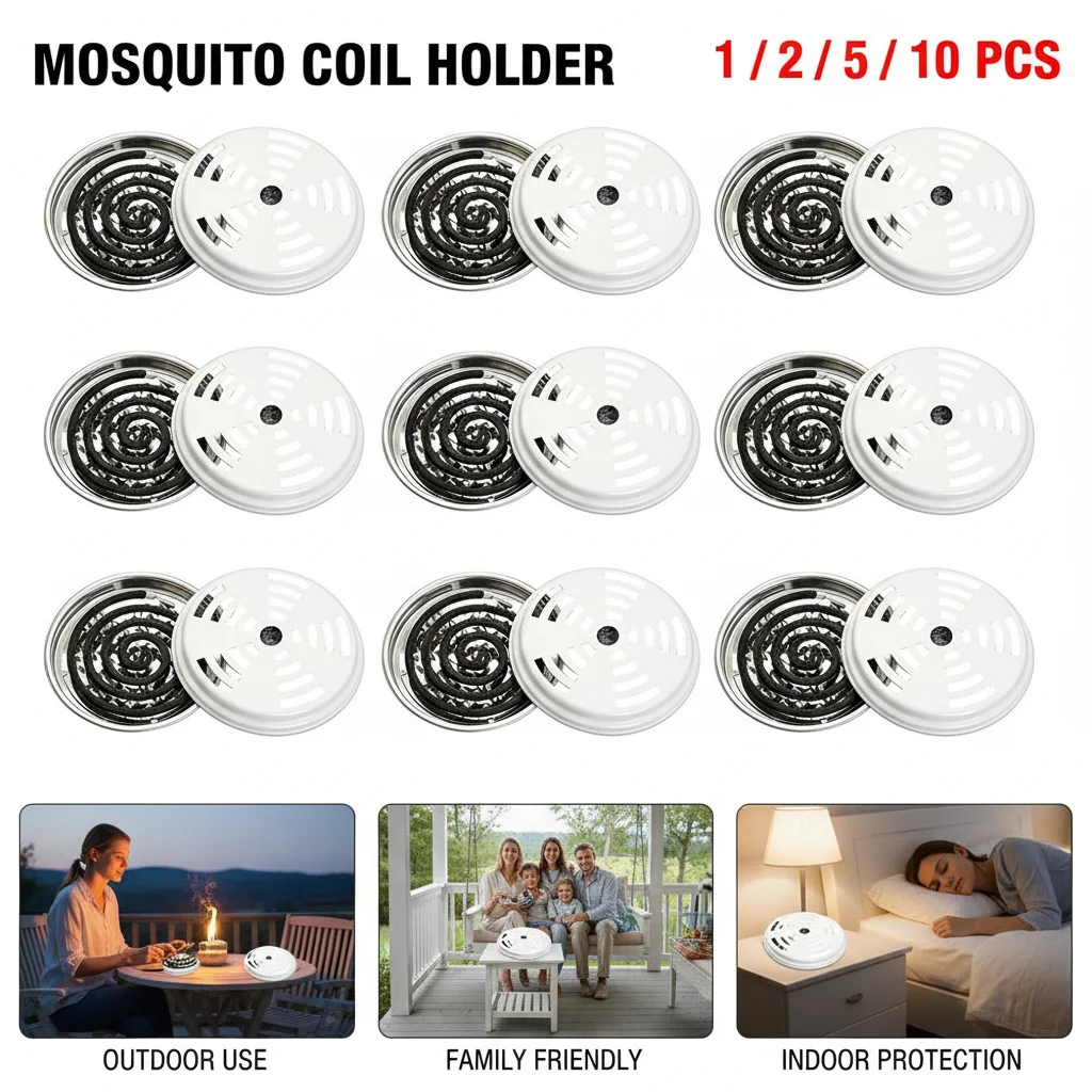 Heat-Resistant Stainless Steel Mosquito Coil Holder with Cover Tray Ash Tray Serrated Belt for Outdoor Picnic Travel Camping