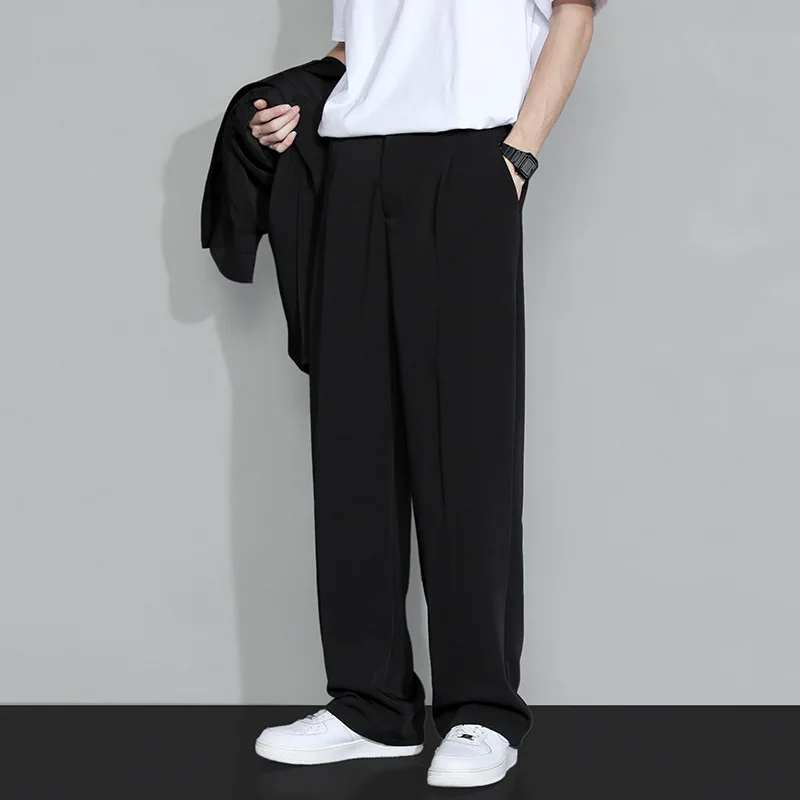 Korean-style Men\'s Dress Pants for Summer, Thin, Loose, Straight Wide-leg Shorts, Casual Business Ice Silk Drapey Long Pants