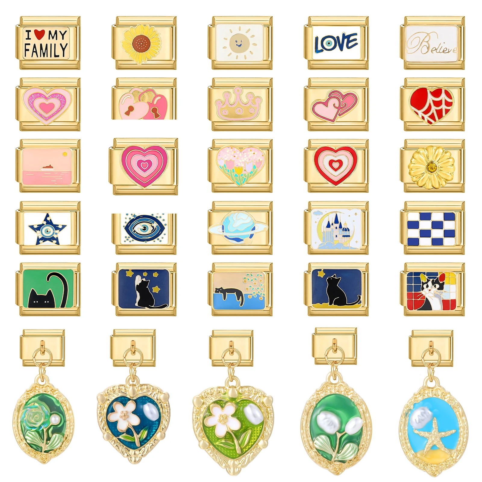 Nouveau Vintage paillettes soleil fleur tulipe papillon amour italien charme liens ajustement 9MM Bracelet en acier inoxydable filles bricolage faisant cadeau