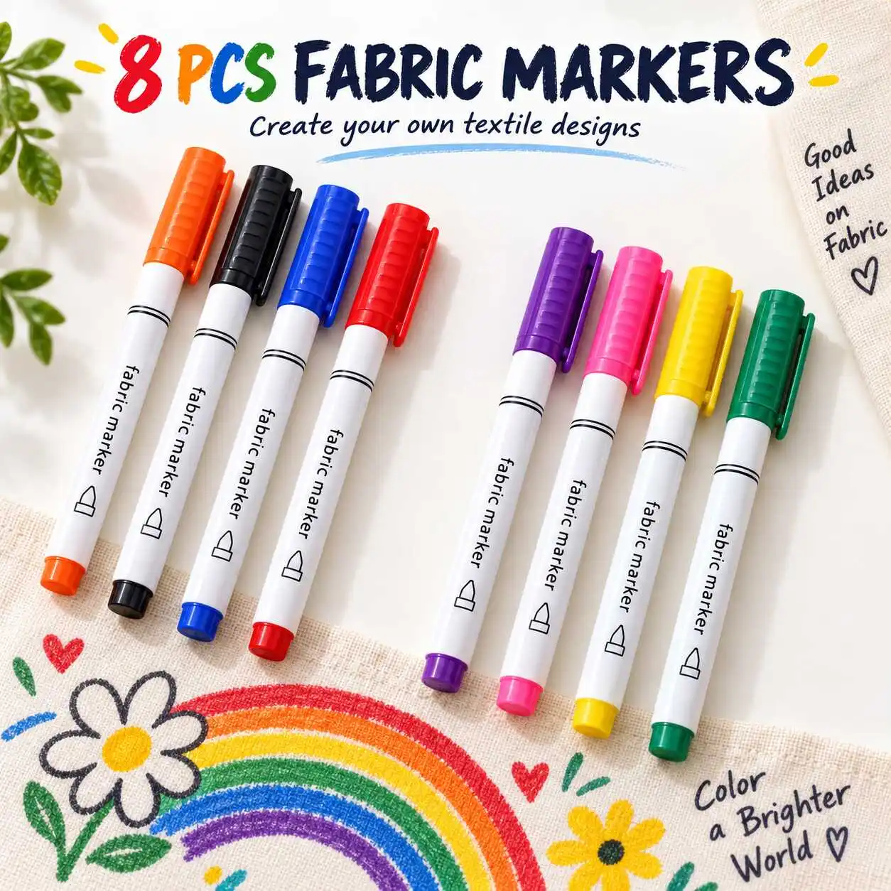 8pcs Waterproof Fabric Textile Marker Pens 8 Colors for T Shirts Shoes Tote Bags DIY Art Crafts