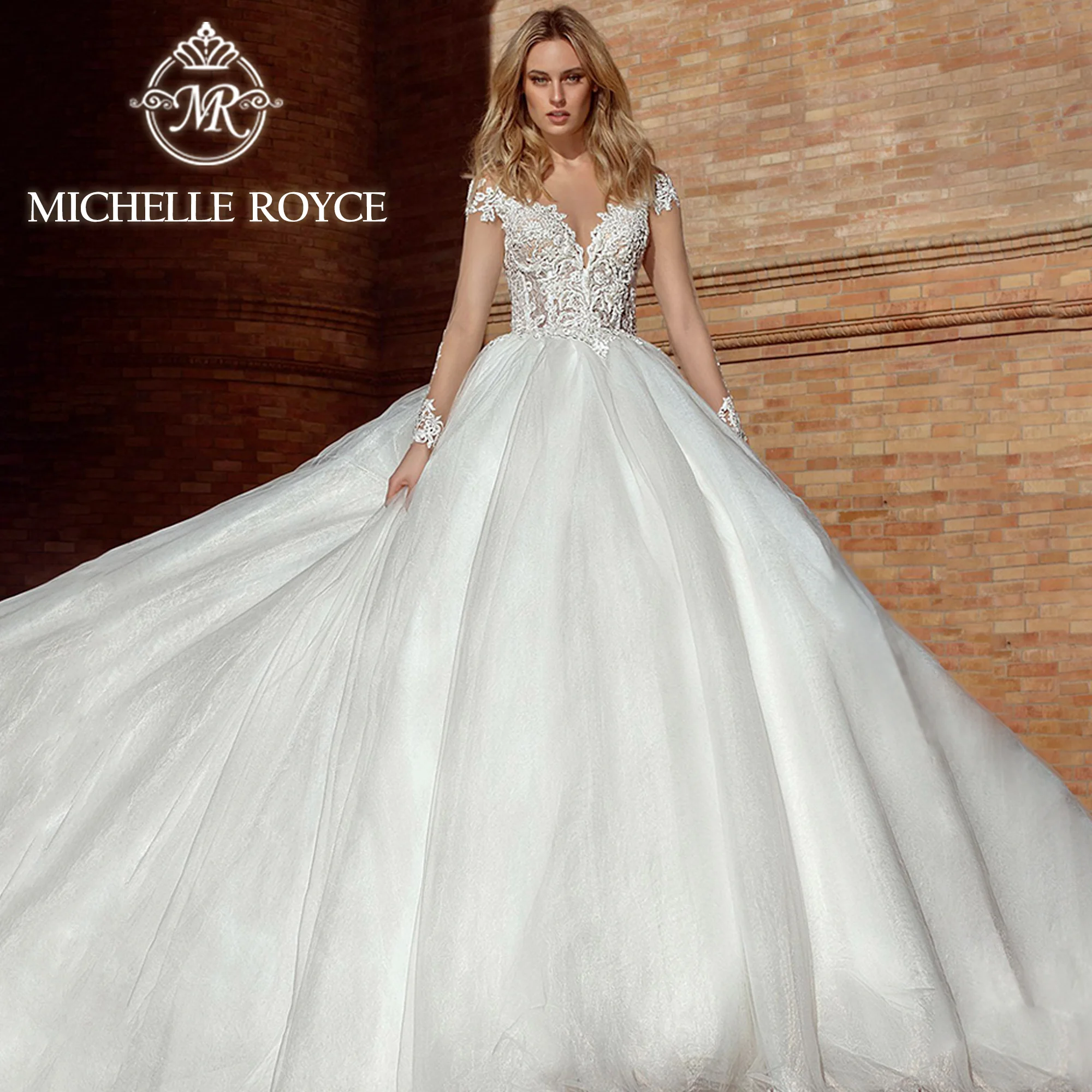 Michelle Royce Ball Gown Wedding Dresses For Women 2024 Appliques Long Sleeve Chapel Train Tulle Wedding Gown Vestidos De Novia