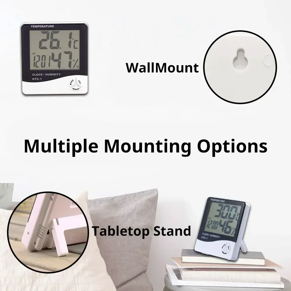 HTC-1 HTC-2 LCD مقياس الرطوبة الإلكتروني الذكي الكهربائي الرقمي الرطوبة ميزان الحرارة محطة الطقس الساعات في الهواء الطلق