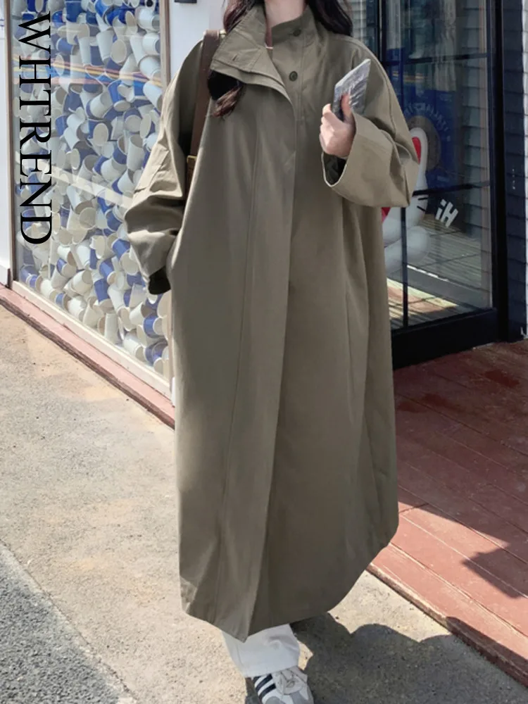 

WHTREND длинная ветровка для женщин однобортный сплошной цвет большой размер свободные плащи женская одежда WH1576