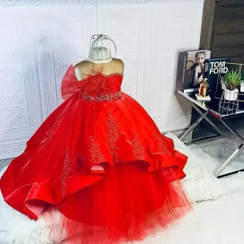 フラワーガールドレス レッド 豪華なチュチュ リトルキッズ 誕生日ページェント 結婚式 レース ビーズ ボールガウン シアーネック チュールドレス