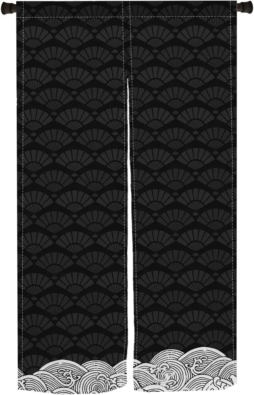 Long Type Japanese Doorway Curtain Black Beige Wave Window Treatment Doorway Tapestry Polyester for Room Divider Curtains