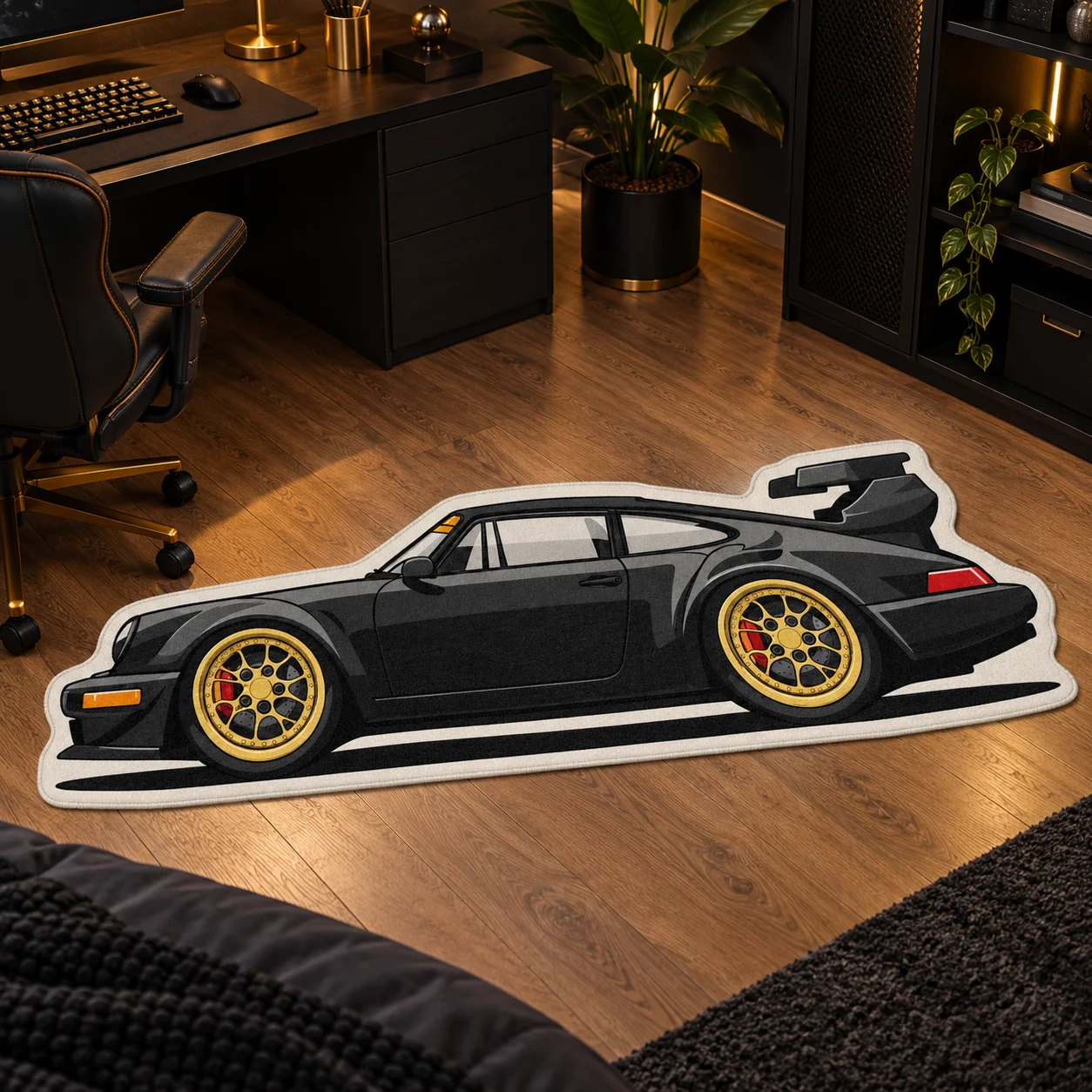 Black Modern Sports Car Irregular Shaped Area Rug Automotive Floor Mat for Garage Lounge, Teen Bedroom, Loft and Entryway Decor