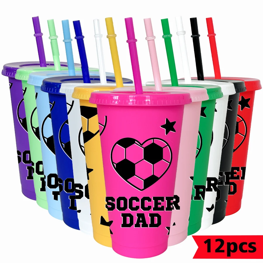 12pcs/set Heart-shaped Football Pattern 26oz Colored Plastic Party Cold Cup Back-to-school Birthday Gift Gameday Drinkware