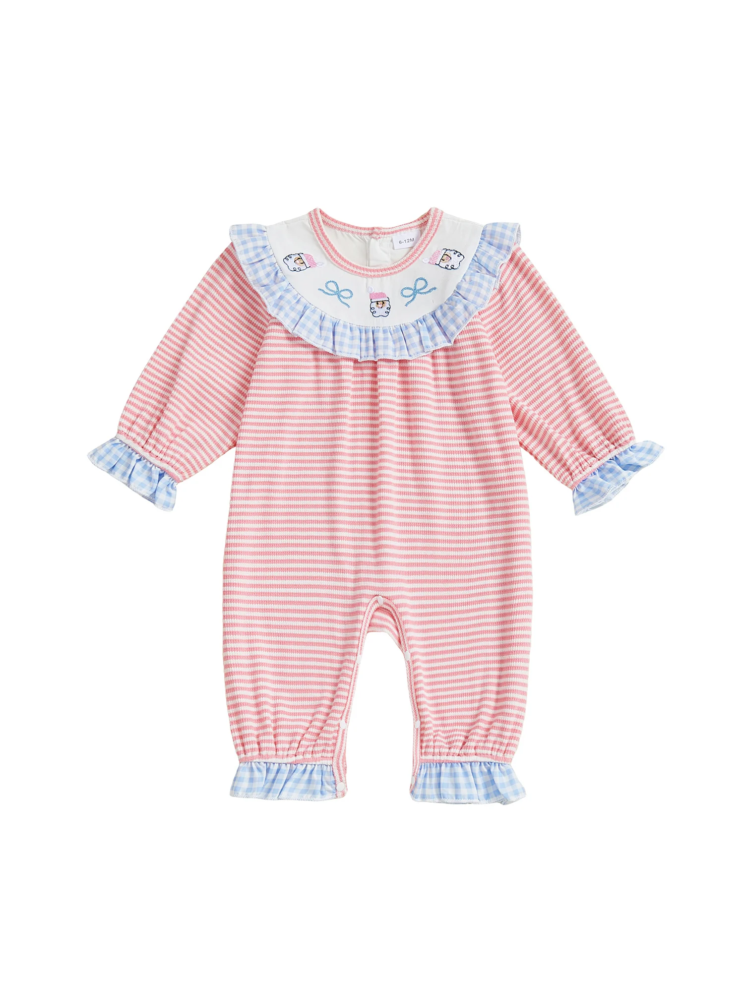 

Christmas Toddler Girl Rompers Puff Long Sleeve Crew Neck Striped Print Bow Embroidery Jumpsuit with Ruffle Trim Hem