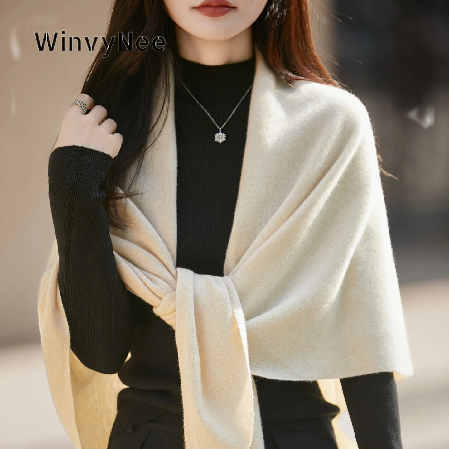WinvyNee Women Triangle Perforated Knitted Shawl Solid Pure Wool Windproof Cozy Chic Accessory Cold Fall Winter Wear ZG1673022