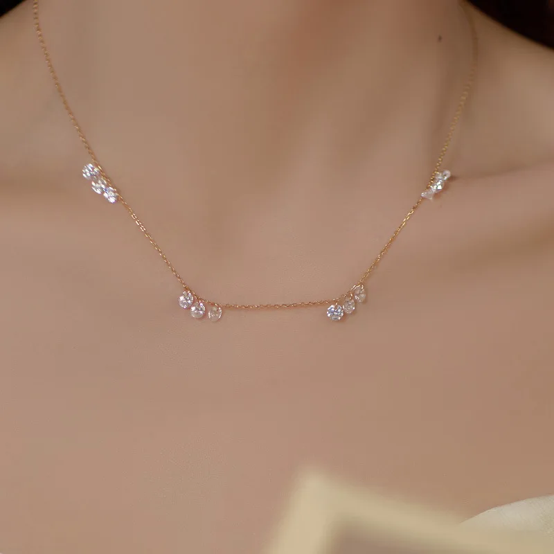 

BR 14K Gold Plated Round Diamond Necklace for Women, Elegant French Style Star Tassel Choker, Luxury Daily Jewelry Gift