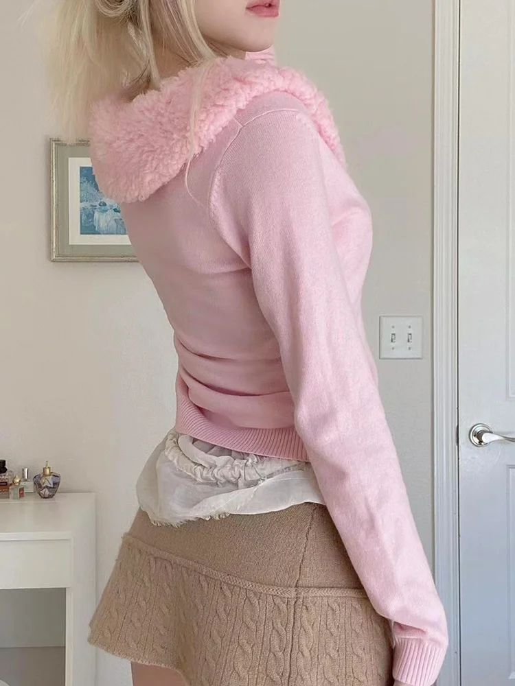 Iamhotty Coquette Aesthetic Pink Sweater Jacket with Fur Collar Cute Sweet Button Up Casual Basic Knitted Cardigan Soft Coat Y2k