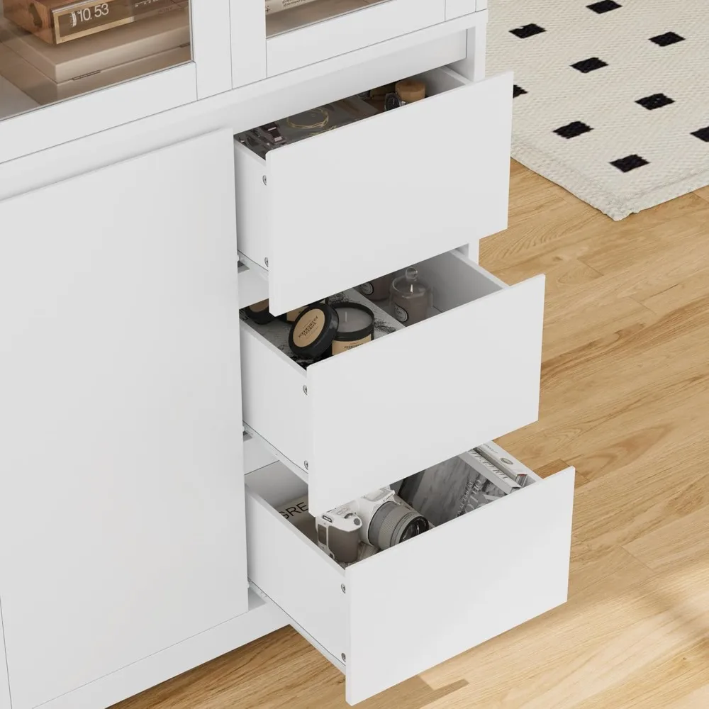 خزانة كتب كبيرة مقاس 71 بوصة مع خزانة عرض زجاجية وأرفف كتب واسعة من 3 طبقات، ورف كتب طويل مع 3 أدراج تخزين، وكابينة صينية #5