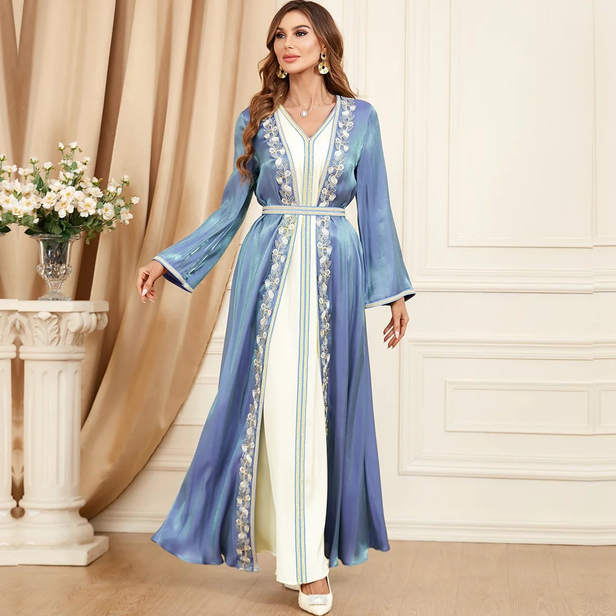 

Muslim Sets Evening Dress Morocco Caftan Elegant Muslim Abaya Dubai Lace-up Dress Kimono Cardigan Robe Long Sleeve Abays Outwear