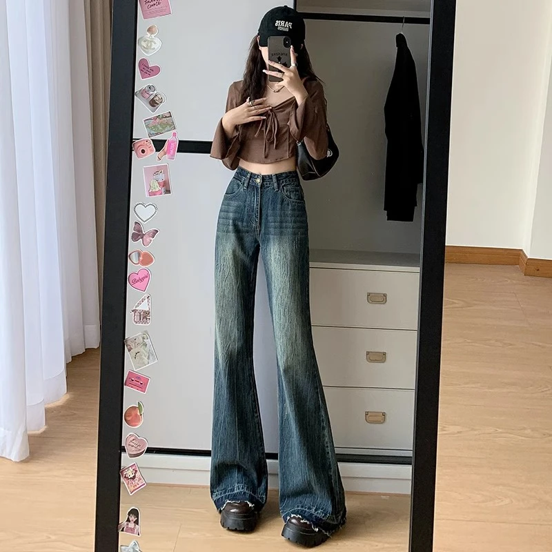 

American retro burlap micro flare jeans female spring 2024 new high-waisted thin wide-legged drag pants