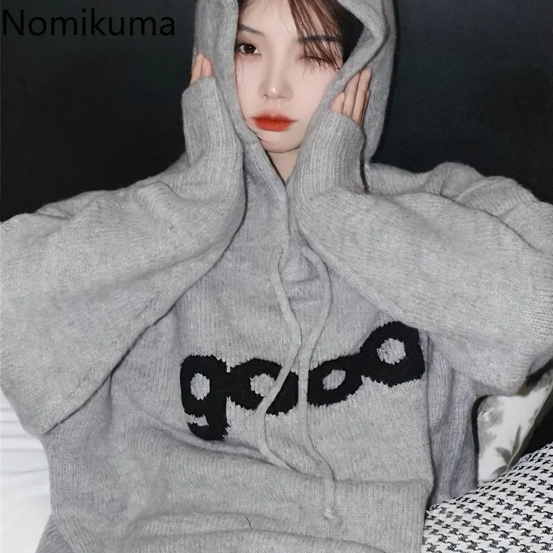 

Gray Hooded Pullovers Sweatshirts for Women Casual Letter Pull Femme Thicked Fashion Knitted Sweater Sueter Mujer Korean Jumper