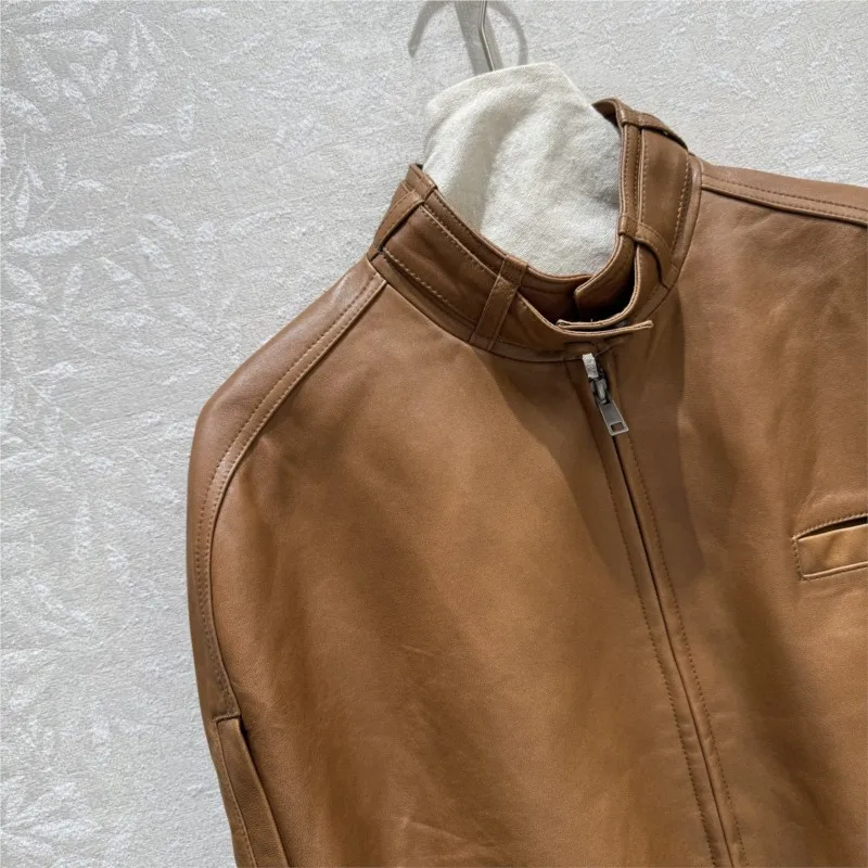 Real leather Vintage Brown Leather Bomber Jacket Women Oversized Stand Collar Shoulder Biker Coat Loose Casual Streetwear Biker