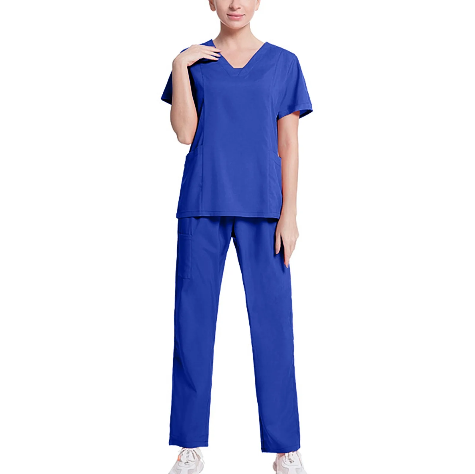 Multipocket Thermal Short Sleeve T-Shirt Nurse Uniform Working Clothes For Women Blue Basic V-Neck Casual Tee Long Pants Set